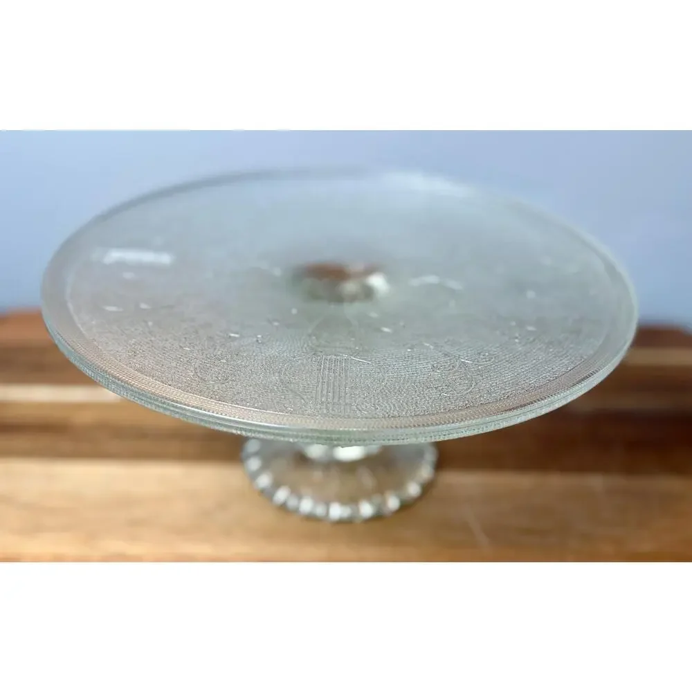 Vintage Jeannette Harp Lyre Cake Stand | Mid Century Pressed Glass Dessert
